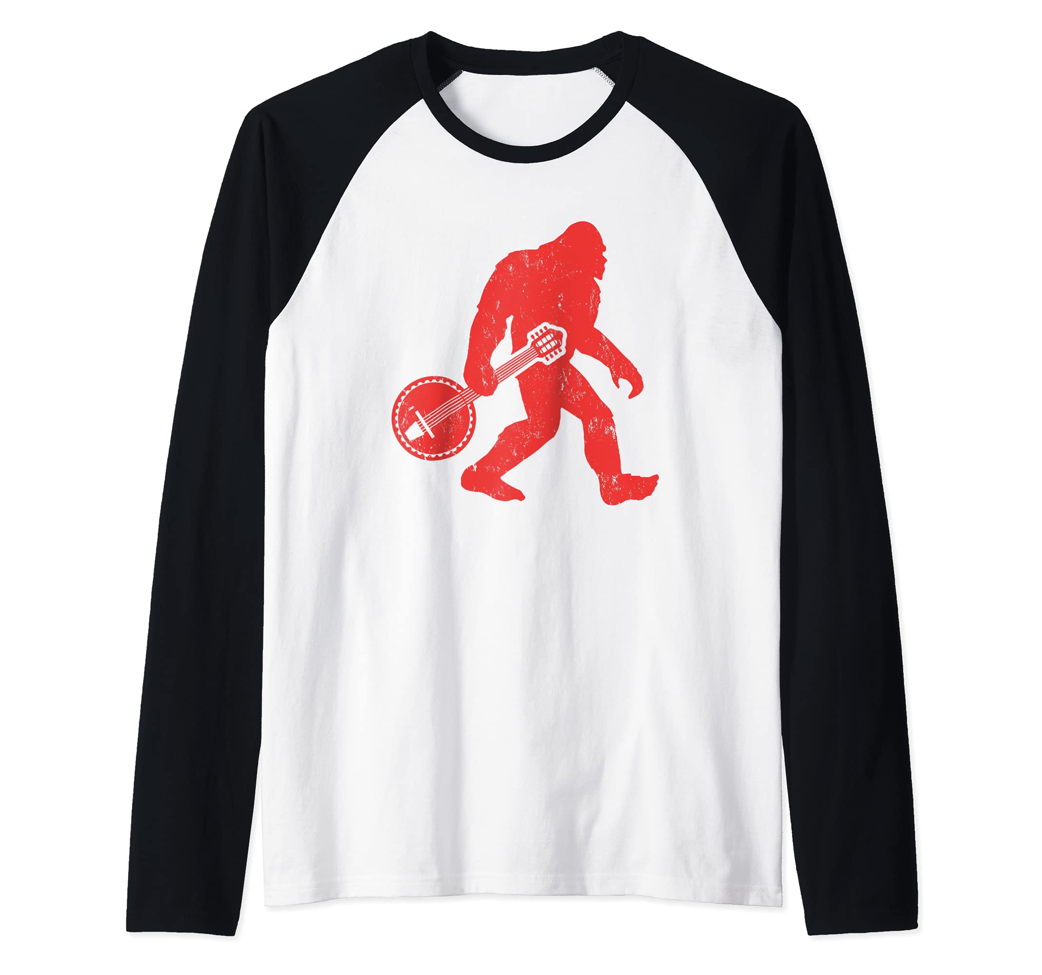 Bigfoot Banjo Player Squatch Banjo Guitar Raglan Baseball Tee