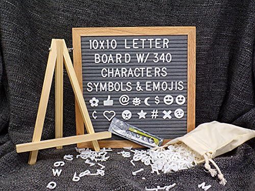 Grey Felt Letter Board - 10 x 10 inches, Premium Oak Wood Frame, 340 White Letters w/ Emojis and Symbols, Changeable Custom Messages, FREE Stand, Canvas Bag and Scissor. - By Aristottle