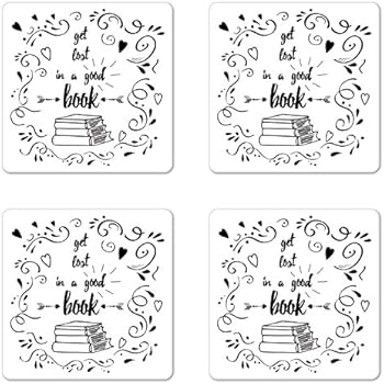Ambesonne Book Coaster Set of 4, Get Lost in a Book Printed Words with Hand Drawn Floral Pattern with Books Arrow, Square Hardboard Gloss Coasters, Standard Size, White Charcoal