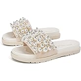 QLPOU Women's Pearl Platform Sandals Open Toe Slip-On Flatform Cute Slide Sandals for Casual Summer Beach with Soft Cushioned Footbed