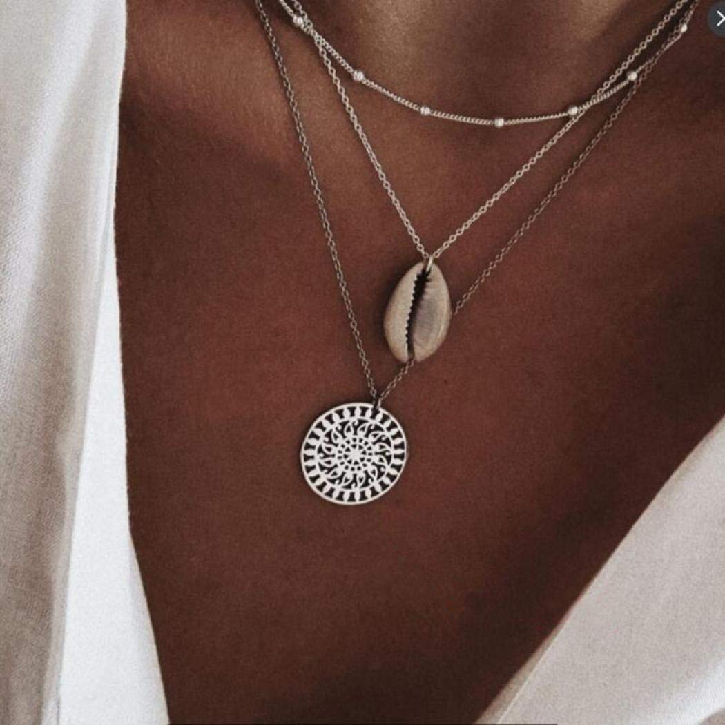 TseenYi Boho Shell Pendant Necklace Choker Silver Compass Layering Necklace Bead Charm Necklace Jewelry for Women and Girls