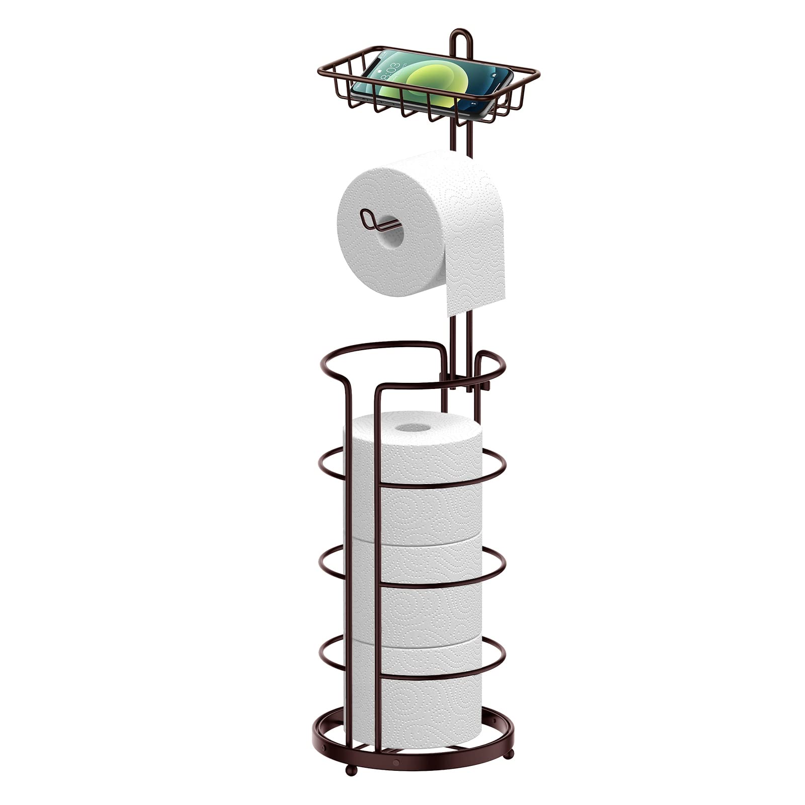 Toilet Paper Holder Freestanding - Toilet Roll Holder Dispenser with Storage Shelf - Bathroom Metal Tissue Storage Rack for 3 Spare Rolls - Bronze