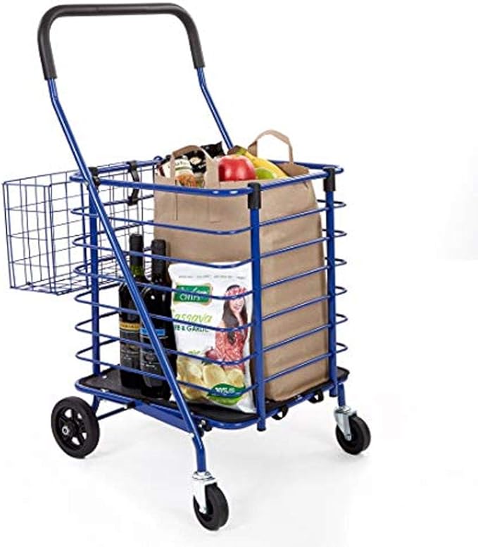Seville Classics Folding Rolling Steel Wire Basket Trolley Grocery Shopping Cart, 18.7" W, Blue