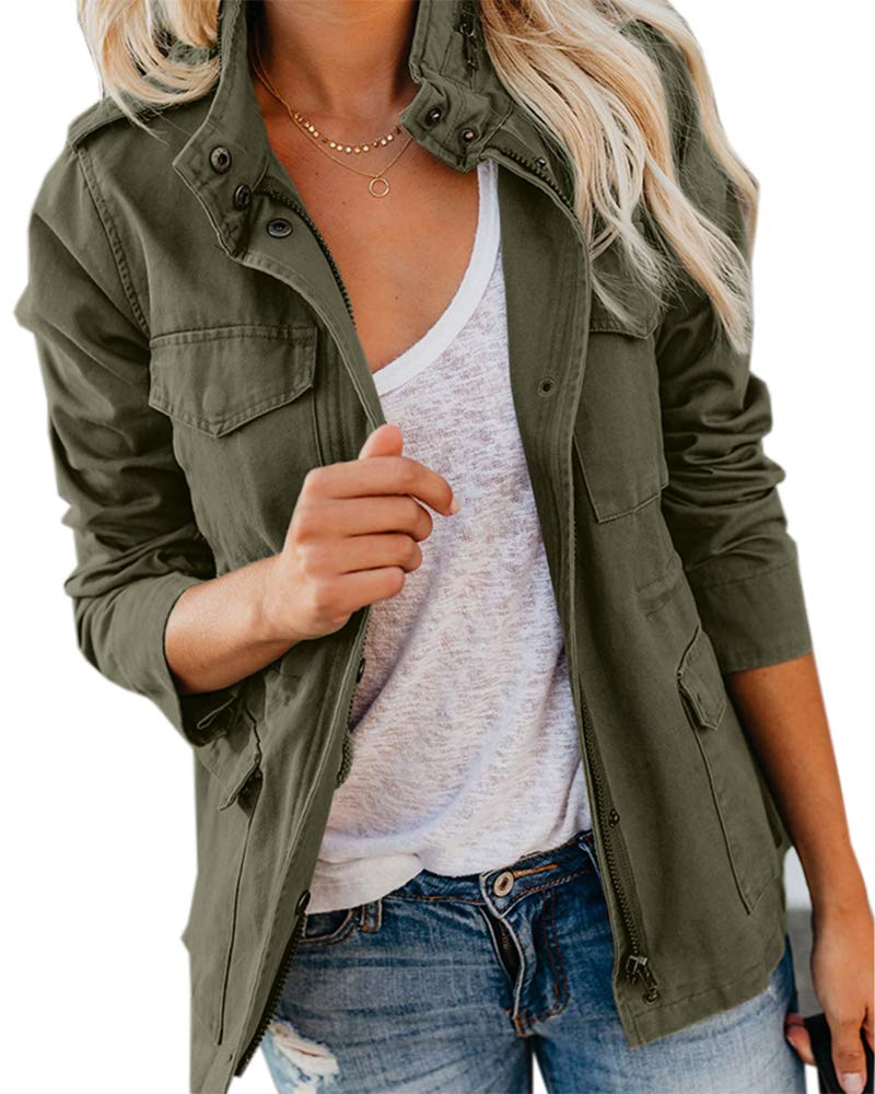 Photo 1 of Soulomelody Womens Military Anorak Jacket Zip Up Snap Button Parka Safari Utility Coat Outwear with Pockets Army Green large bleach stains