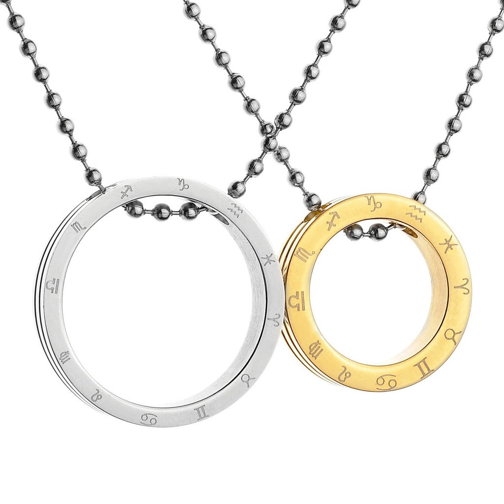 Zysta Collier Pendentif Rond 12 Zodiaque Femme Acier Inoxydable Amovible Argent Or Cadeau Amoureux Fantaisie avec chaîne 24\'\' et Boîte cadeau