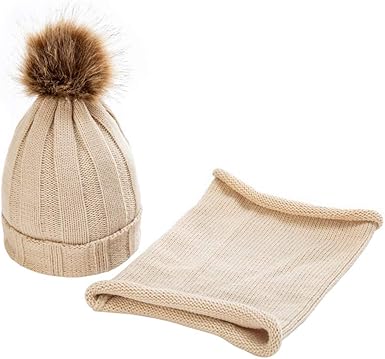 Amazon Com Baby Girls Winter Knit Hats 2pc Children Knitted Beanie Hat Warm Neckerchief Beige Clothing