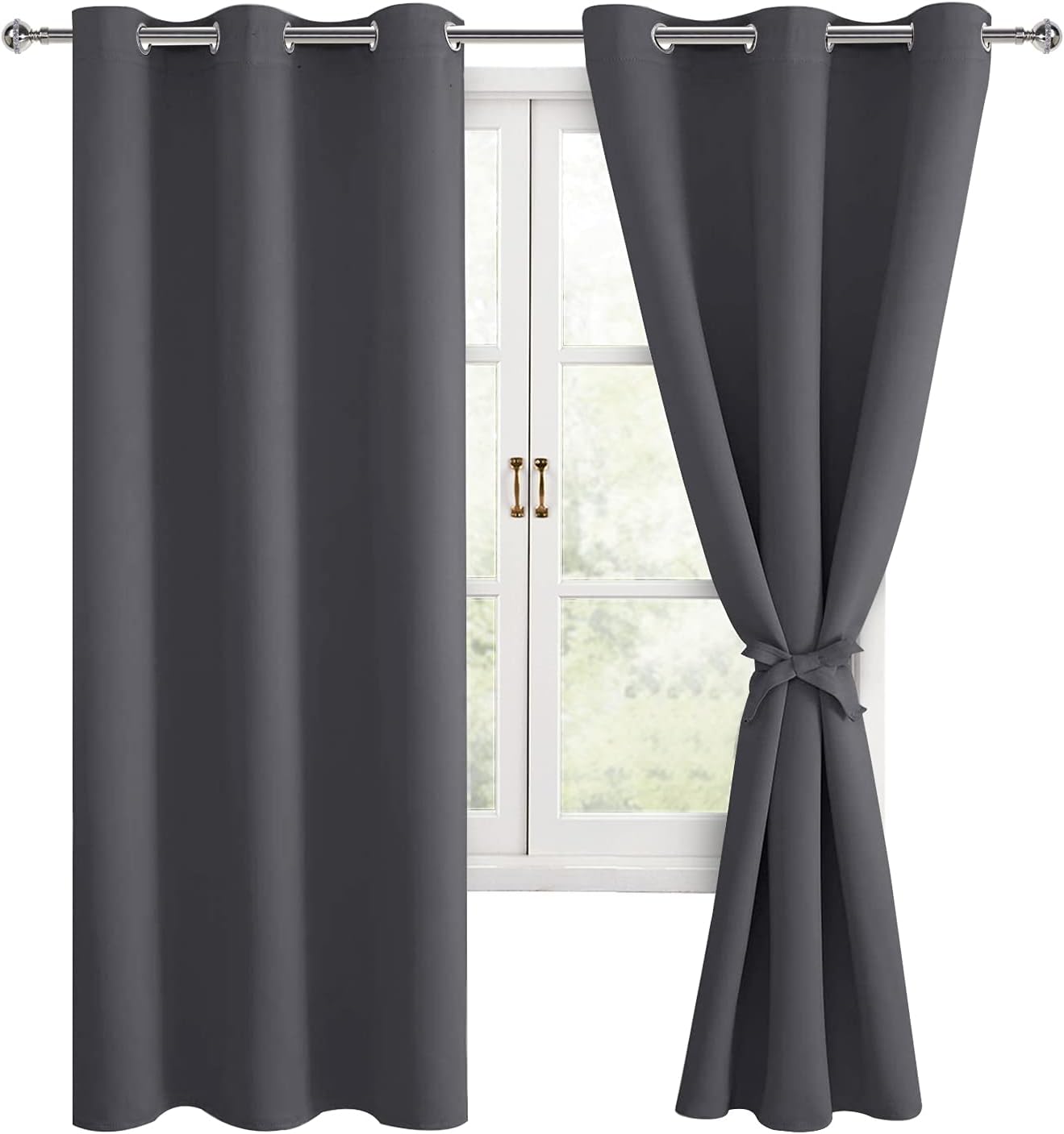 Window Treatments - Hiasan Grommet Blackout Curtains for Bedroom, 42 x 63 Inches Length - Thermal Insulated & Light Blocking Window Curtains for Living Room, 2 Drape Panels Sewn with Tiebacks, Dark Grey
