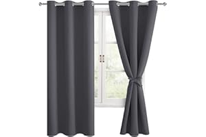 Hiasan Grommet Blackout Curtains for Bedroom, 42 x 63 Inches Length - Thermal Insulated & Light Blocking Window Curtains for Living Room, 2 Drape Panels Sewn with Tiebacks, Dark Grey