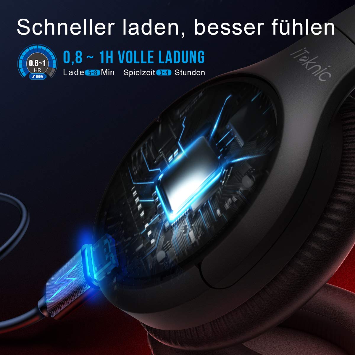 iTeknic Bluetooth Kopfhörer Over-Ear mit aktiver Geräuschunterdrückung, Faltbarer Kabellose Hi-Fi Stereo, CVC 8.0 Noise Cancelling für Integriertem Mikrofon Freisprechen