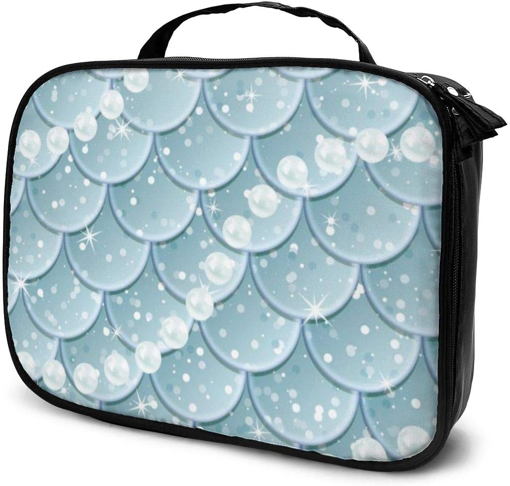 Fish Scales and Pearls Seamless Pattern Mermaid Makeup Train Case with Adjustable Dividers Travel Cosmetic Bag Organize Case