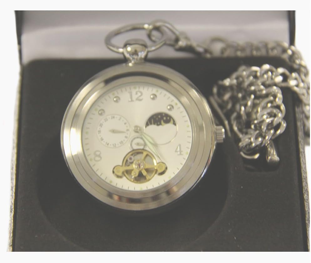 Silver Open Face Pocket Watch with Sun and Moon Phase