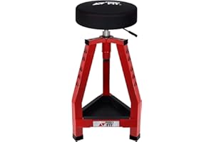FreekyFit Adjustable Tall Shop Stool, Mechanic Garage Bar Stool Chair, Work Metal Chair for Workshop,360° Swivel Padded Seat, Tool Tray Storage, 350 LBS Capacity, Heavy Duty, Red