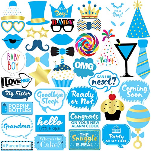 Baby Shower Boy Photo Booth Props - 40 Pieces - Baby Shower Decorations, Gifts, Favors and Supplies for Boy - Pregnancy Announcement - Gender Reveal Party