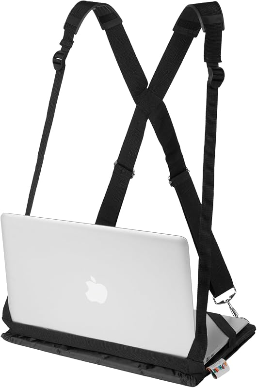 Imbracatura per Laptop - Scrivania per Computer Regolabile Nera da Passeggio - Compatibile con la Maggior Parte dei Portatili (fino a 14 pollici) - Inlcude Tappetino per Mouse in Memory Foam