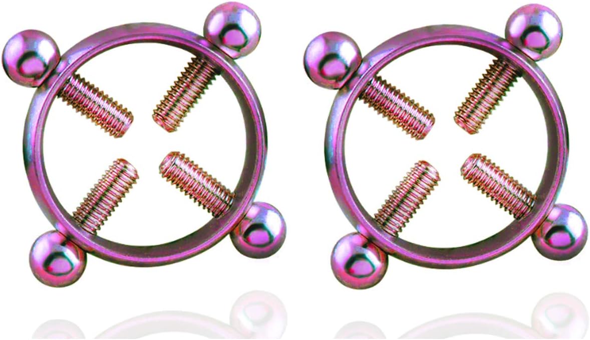 2Pcs Anti-allergic Sexy Jewelry Piercing Nipple Ring Stainless Steel Hollow Screw Round Barbell Shield Fake Rodless Nipplerings for Men & Women