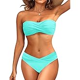 Women's Strapless Bandeau Bikini Set - Twist Front Two Piece Swimsuit with Side Tie Bathing Suit Bottom
