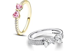 UNE DOUCE UneDouce Sparkling Bow Rings Set with 14K Gold/Silver Plating | Pink Bow Earrings and Ring Set for Women | Friendship Promise Ring, Stackable Bow Jewelry Set, Gift for Women