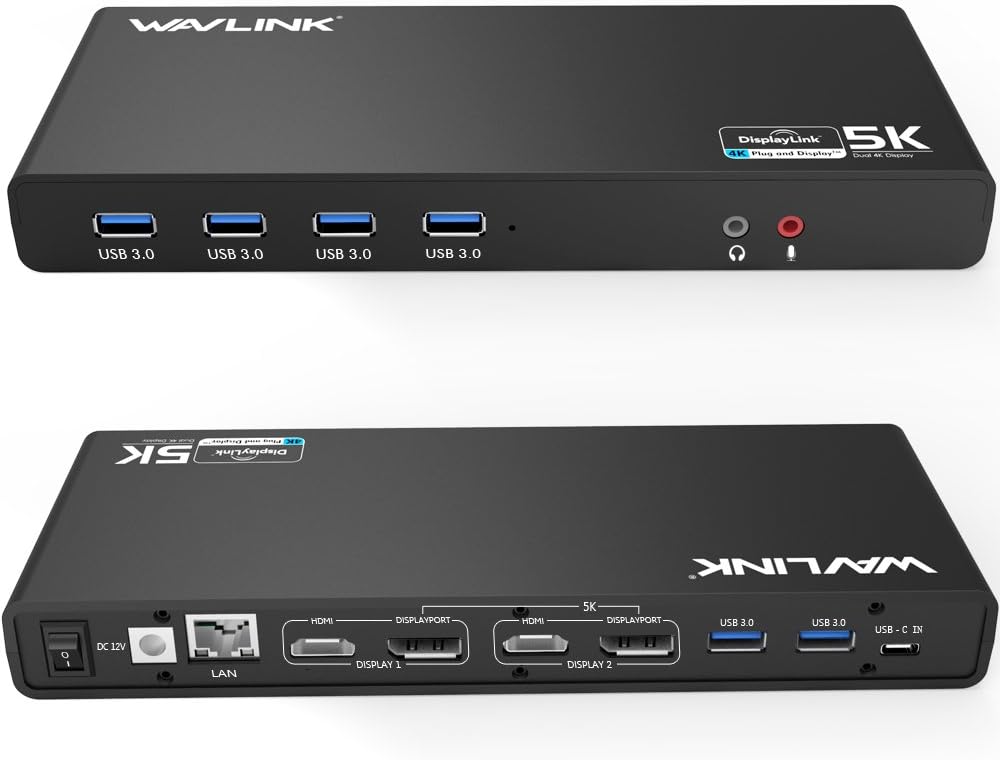 Wavlink Universal USB-C/USB 3.0 Ultra 5K Laptop Docking Station with 4K Dual Video Outputs ,Support for Windows 7/ 8/ 8.1/ 10(USB-C in,DP and HDMI,Gigabit Ethernet,Audio out and Mic in,6 USB 3.0 Port)
