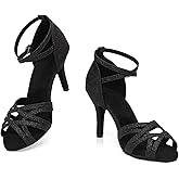 GYUBL Women's Latin Ballroom Dance Shoes Black Glitter Salsa Dance Heels Suede Sole Performance Professional 3.33 Inch Heel, 9 US