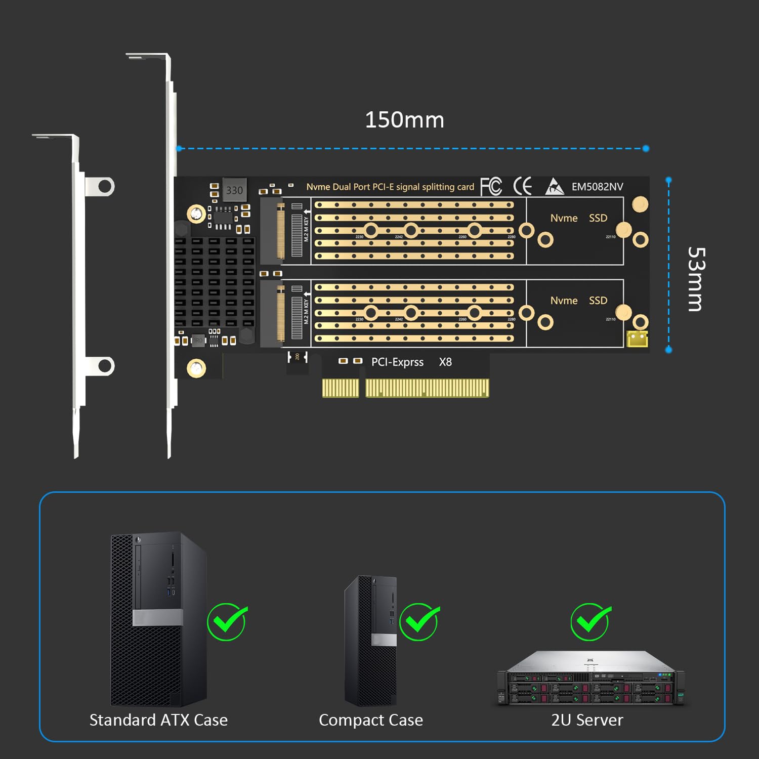 Glotrends Pa21 Dual M.2 Nvme To Pcie 4.0 X8 Adapter Without Pcie Bifurcation Function, Support 22110/2280/2260/2242/2230 Size (Pcie Bifurcation Motherboard Is Required) - View 7