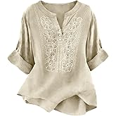 CRNTCEM Embroidered Cotton Linen Tops for Women 3/4 Sleeve Summer Boho Peasant Gauze Dressy Blouses Beach Vacation Tunics