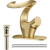 Elegant Alien Brushed Gold Bathroom Sink Faucet Single Hole,AUU Waterfall Vanity Sink Faucet Solid Brass,Single Handle Basin Tap with Pop Up Drian&Deck Plate