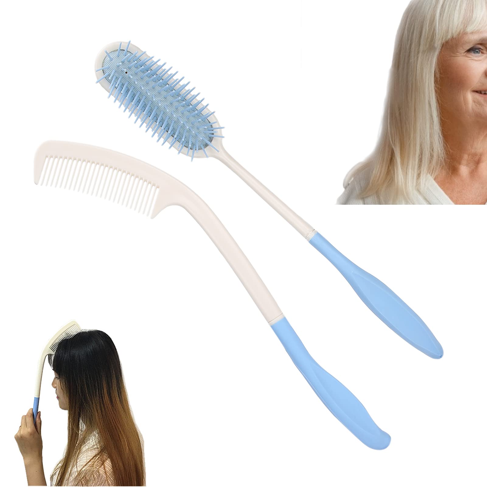 Long Handled Comb and Brush Set,Extra Long Hair Brush Elderly Long Handled Comb Air Cushion Hairbrush for People Limited Mobility
