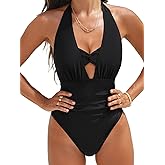 CUPSHE Women's One Piece Swimsuit Deep V Neck Bathing Suit Halter Straps Ruched Twist Front Bandeau Back Hook