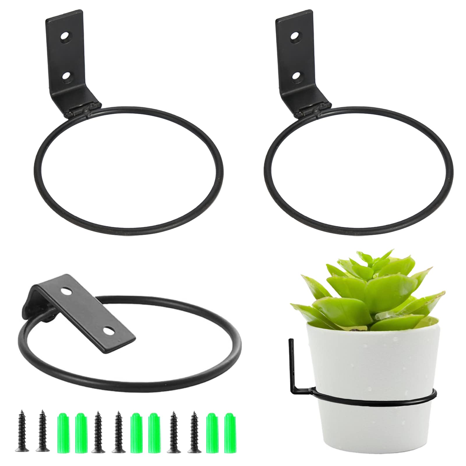 Jetisva 3pcs 6 Inch Wall Mounted Plant Pot Holder Ring Foldable Flower Pot Holder Black Metal Wall Plant Pot Stand Planter Hanger for Outdoor Indoor Garden Fence Balcony Home Decoration