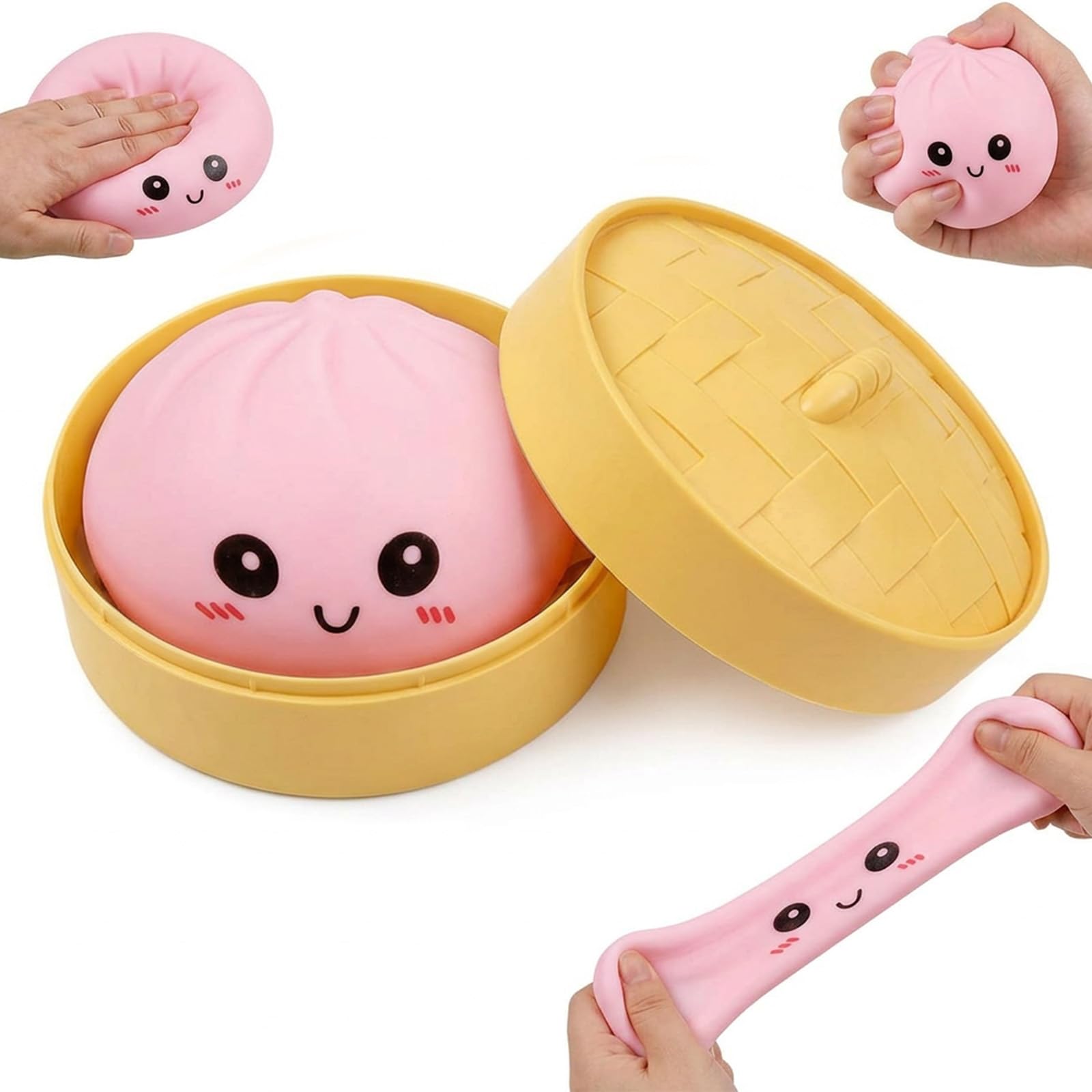 10CM Dumpling Stress Toy Giant Dumpling Squishy Toy with Steamer Box Soft Squeeze Decompression Dough Fidget Toys for Relaxation Boys Girls Home Office Classroom Colour Pink