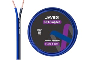 JAVEX 14-Gauge AWG Audio Speaker Wire (50 FT), [OFC Oxygen-Free Copper] HighFlex Thin Flat Cable for Automotive Car Stereo Audio, HI-FI Stereo, Home Theater, Blue/Black