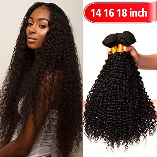 YOUFA Virgin Hair bundle, 8A Kinky Curly Human Weave Hair Extensions 3 Bundles Unprocessed Brazilian Remy Hair Weft Natural Color (14" 16" 18")