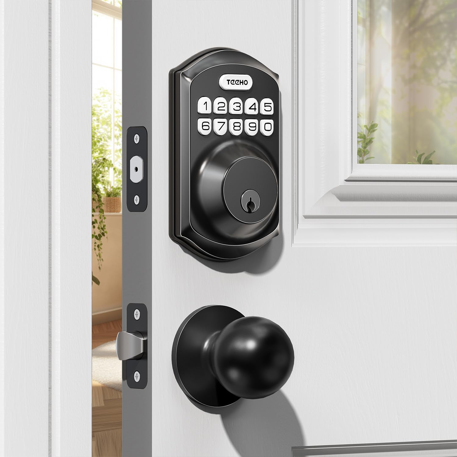 Photo 1 of TEEHO TE001K Keyless Entry Door Lock with Handle, Electronic Keypad Deadbolt with 2 Knobs, High-Security Front Door Handle Set for Home & Rental, Smart Auto-Locking, Easy Install, Matte Black
