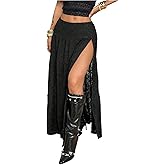 RoseSeek Women's Western Boho Lace Maxi Skirt Low Rise High Slit Flowy Country Cowgirl Skirts Trendy Outfits