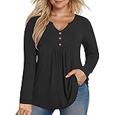 VISLILY Womens-Plus-Size-Dressy-Tops Cute V Neck Henley Shirts Flowy Pleated Long Sleeve Tunic Fall Casual Buttons Up Blouses