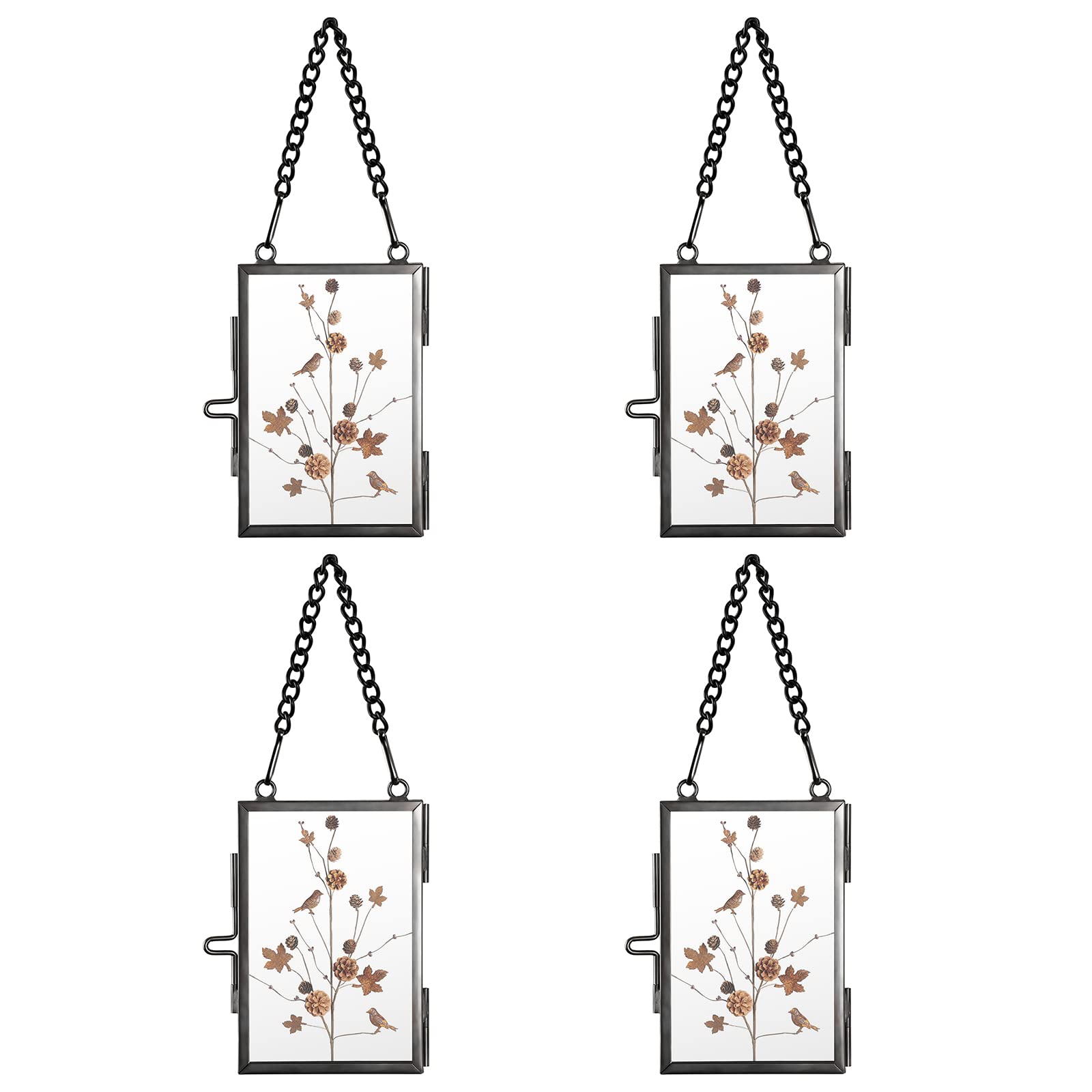 SUMTree Set of 4 Black Glass Mini Hanging Photo Picture Display Frame, Floating Glass Picture Frame with Chain for Family Tree Mini Photo,Gallery Wall Art Work, Pressed Flower, etc, 2x3 inch