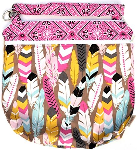 TOP RATED Monkey Foot Designs LARGE Wet/ Dry DOUBLE POCKET with Adjustable Strap: 16" x 14" x 4" Diapers / Gym / Swim (Luckie Feathers)