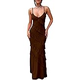 HOCILLE Women's Sexy V Neck Backless Bodycon Spaghetti Strap Elegant Ruffle Maxi Cocktail Party Dresses