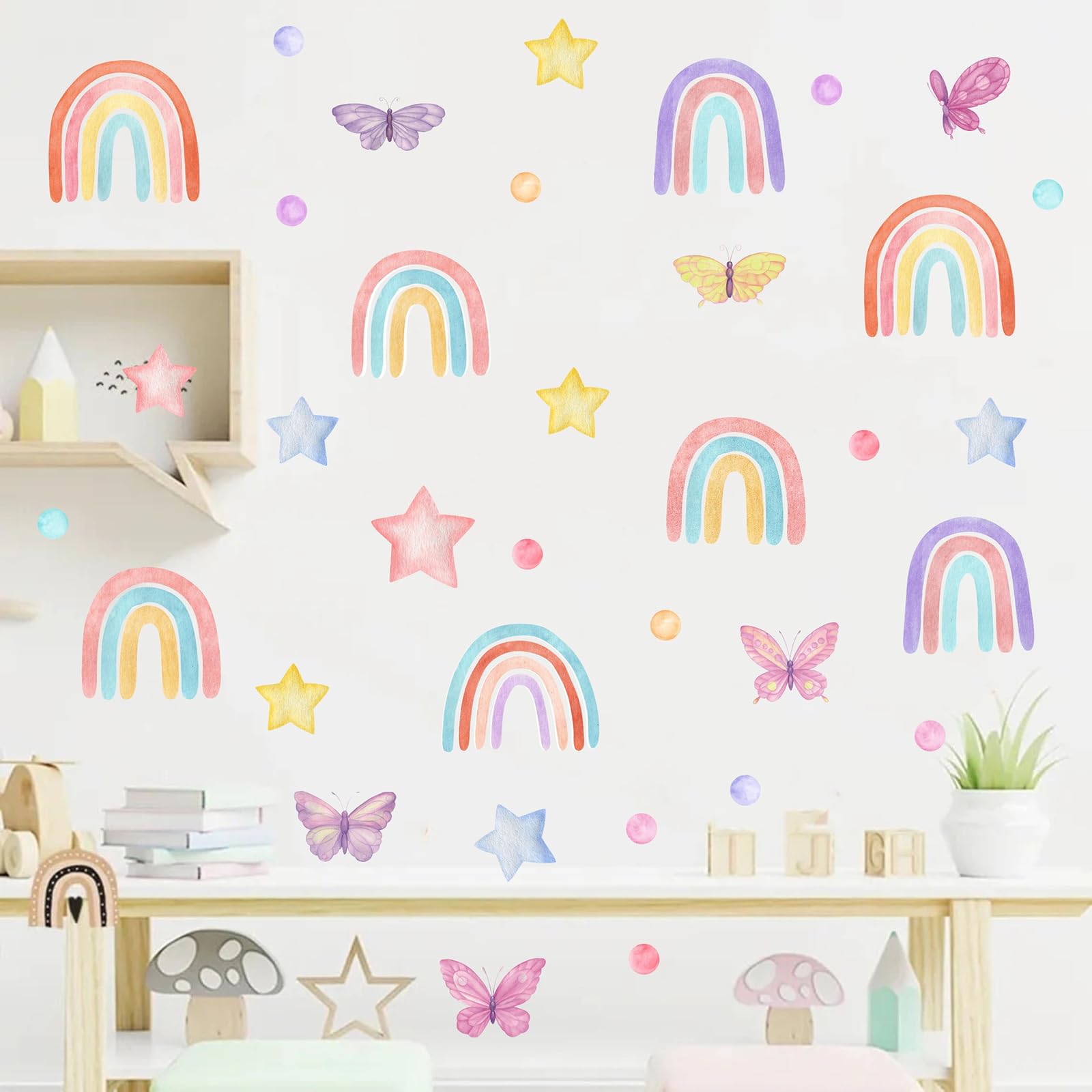 Geliking Rainbow Wall Stickers, 94 Pieces, Watercolor Rainbow Heart Sun Star, PVC, Matte, Colorful, Whimsical, Indoor, Wall Stickers