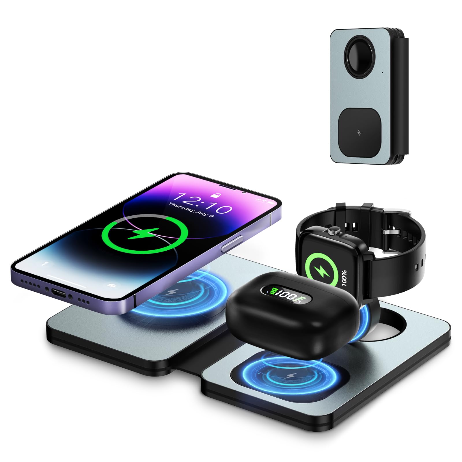 Photo 1 of Qoosea 3 in 1 Wireless Charger Foldable Wireless Charging Station with Foldable Magnetic Induction for iPhone 15 14 13 12 11 Pro Max for Samsung Galaxy S22 S21 S20 S10 S9 S8 S7 iWatch