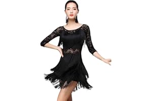 Z&X Women's Fringed Ballroom Costume Lace Round Neck 1/2 Sleeve Tango Salsa Latin Dance Dress with Shorts