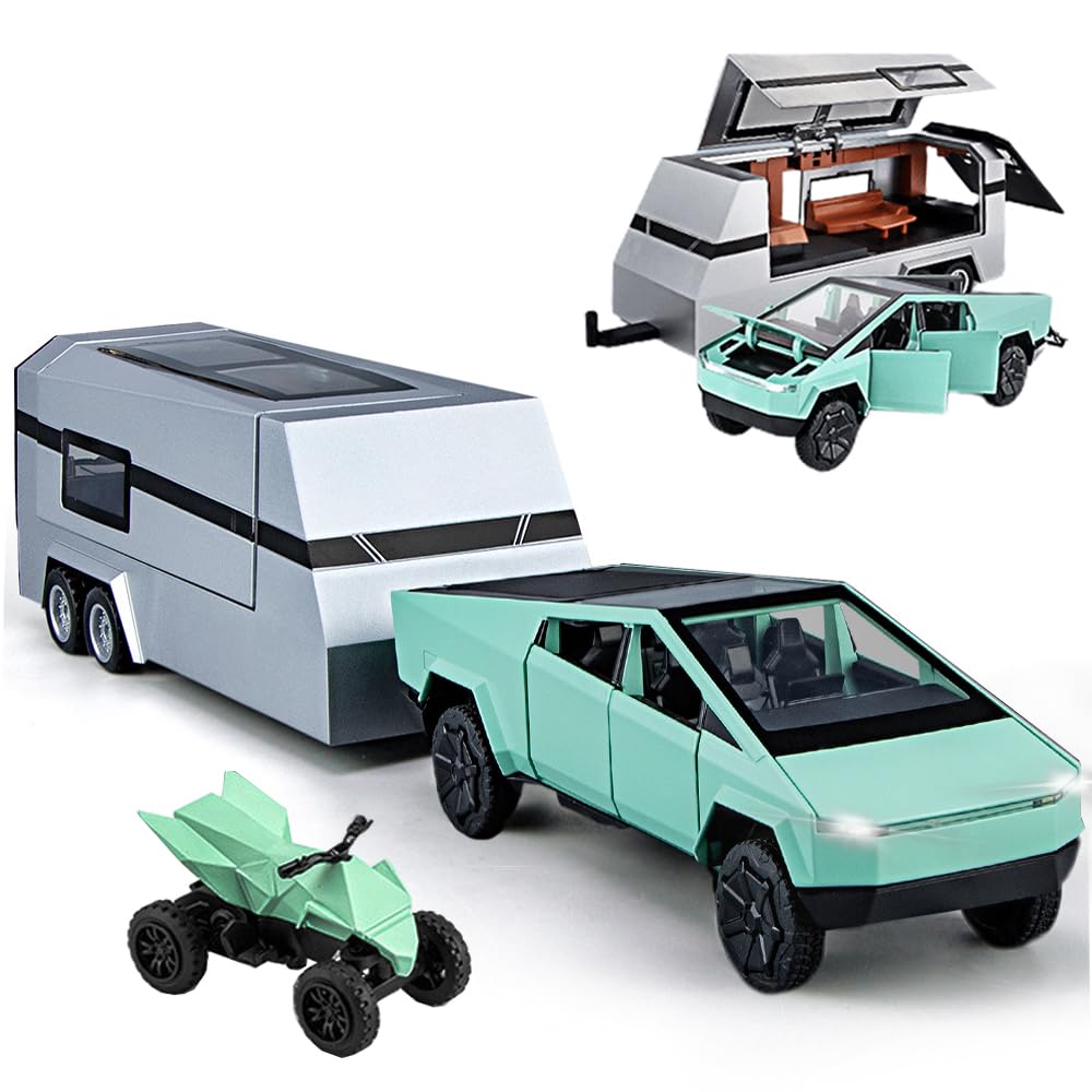 Photo 1 of Pickup Trailer RV Model, Metal Pick-Up Truck Trailer Toy with Motorcycle, Toy Truck with Sound/Light/Pull Back/Realistic Interior Exterior,Ideal Toy Car Vehicle Gifts (1/24 Green Pickup Trailer RV)