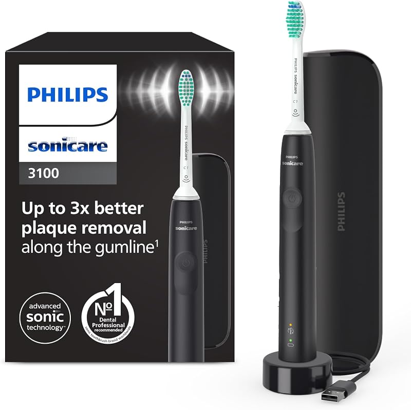 Sonicare 3100, cepillo dental eléctrico, sónico, sensor de presión y temporizador, estuche de viaje, negro, HX3673/14, Negro