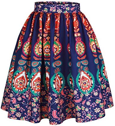 KEBY ZJ Women High Elastic Waist Pleated A-line Flared Midi Skirt Multicolor Floral Tribal Printed M