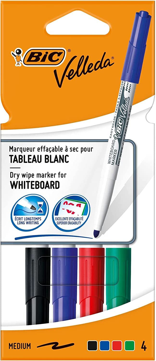 BIC Velleda 1741 Whiteboard Markers, Medium Bullet Nib Pens - Durable Plastic Wallet - Assorted Colours, Pack of 4,packaging may vary