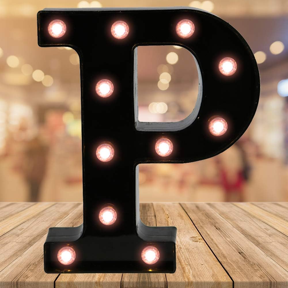 Light up Black Alphabet Marquee Letters Sign LED Letter Lights for Home Bar Festival Birthday Party Wedding Decorative (Black Letter P)