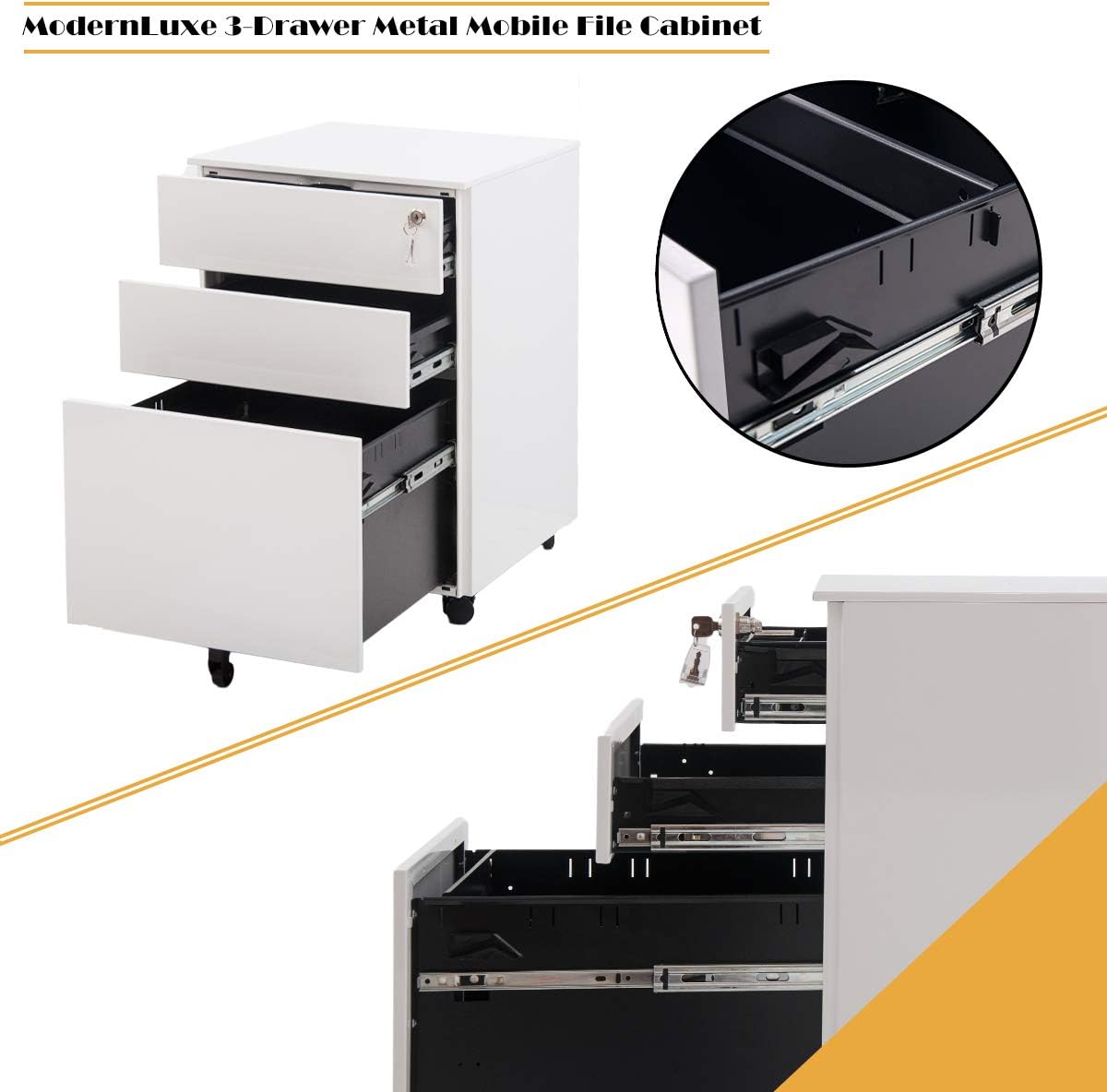White Meritline 3 Drawer Mobile Metal Lockable Lateral File Cabinet Under Desk File Cabinet Fully Assembled Except For 5 Castors Lateral File Cabinets Home Kitchen