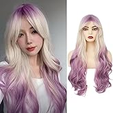 Kaneles Purple Long Wavy Wigs for Women Curly Ombre Light Blonde Hair Wig Synthetic Heat Resistant Middle Part Hair Wig for Halloween Cosplay Use