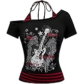 SweatyRocks Women's Goth Y2k Guitar Graphic Tees Halter Asymmetrical Neck 2 in 1 Tops Streetwear