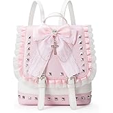 Studded Gothic Lace Bow Backpacks with Cross Charm,Rivet Mini Backpack for Women (Pink and White)